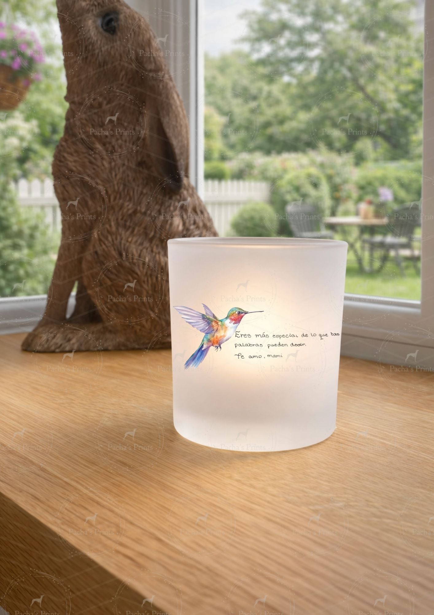 Glass Tealight Holder- Upload your own Handwriting- Hummingbird