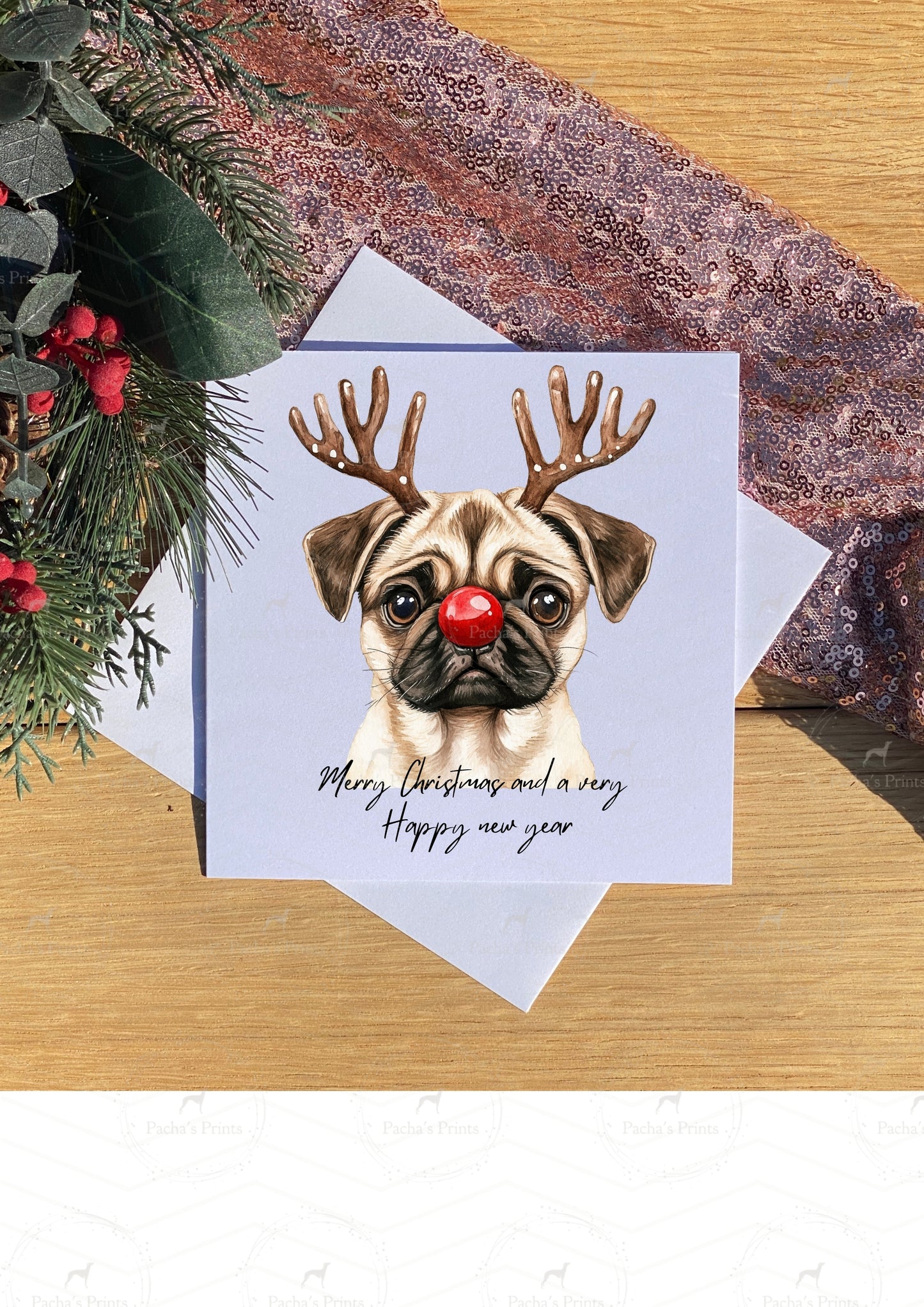 Christmas card- Pug Reindeer