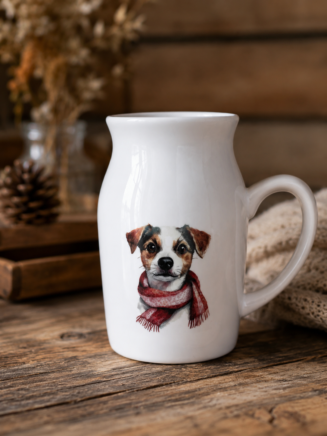 White mug with a dog wearing a scarf design on a wooden surface.