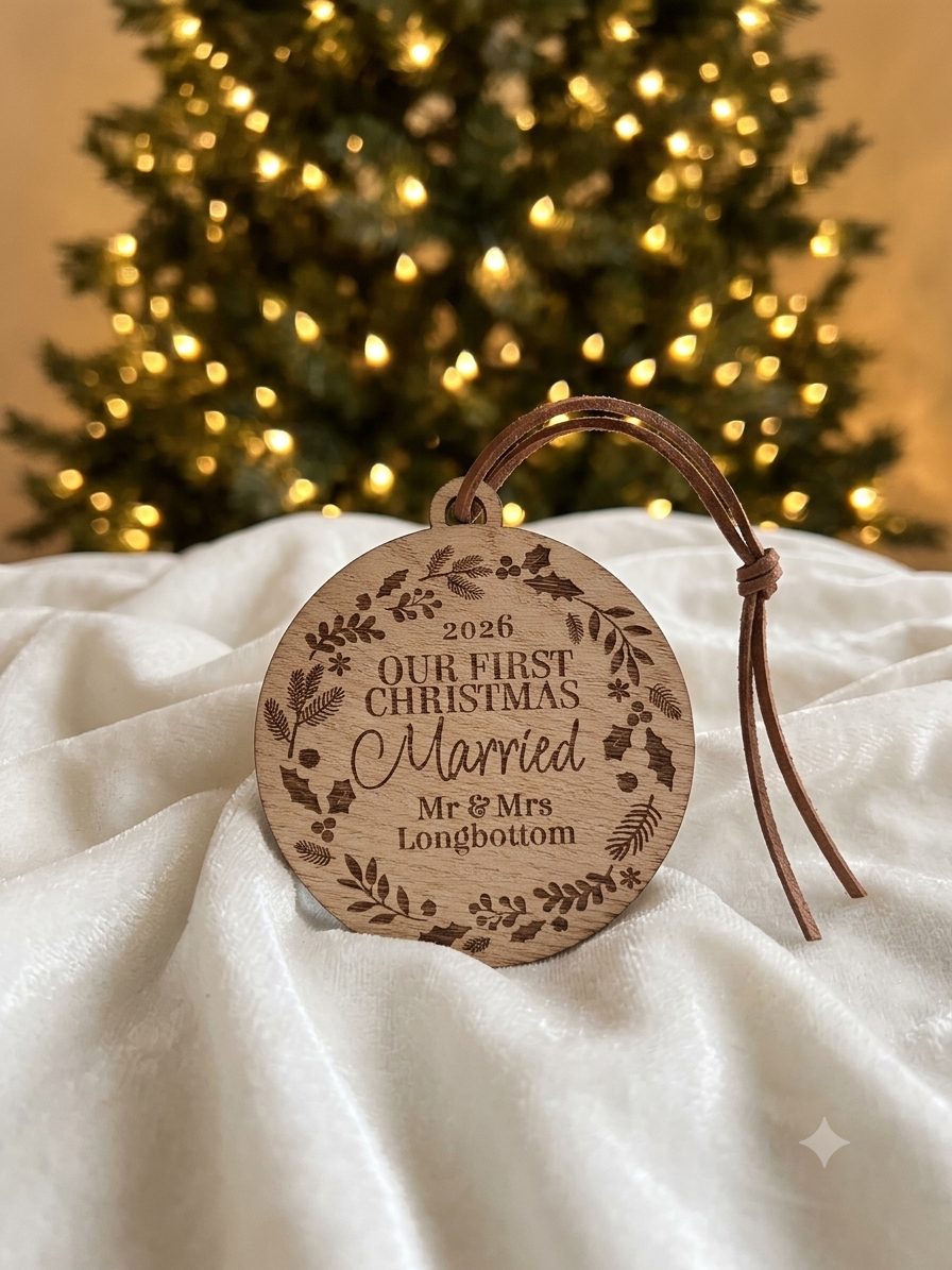 A round engraved wooden Christmas ornament with a brown hanging loop, placed on white draped fabric with a blurred lit Christmas tree in the background. The ornament is personalized with the text '2026 Our First Christmas Married Mr & Mrs Longbottom'.