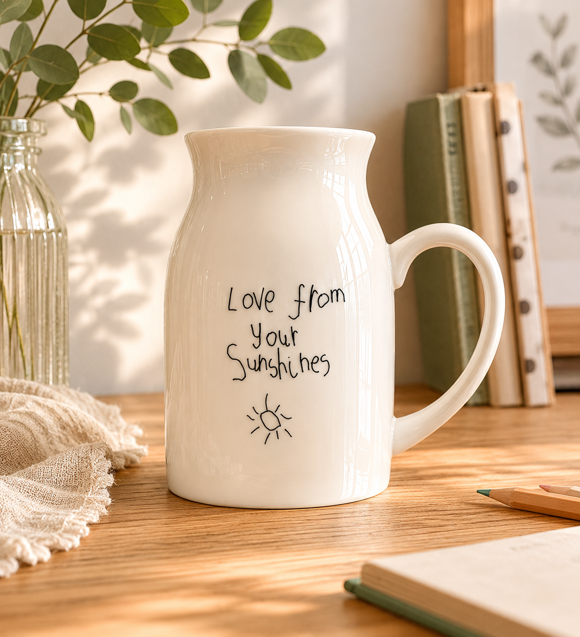 White ceramic mug with 'Love from your Sunshines' text on a wooden surface with books and plants.