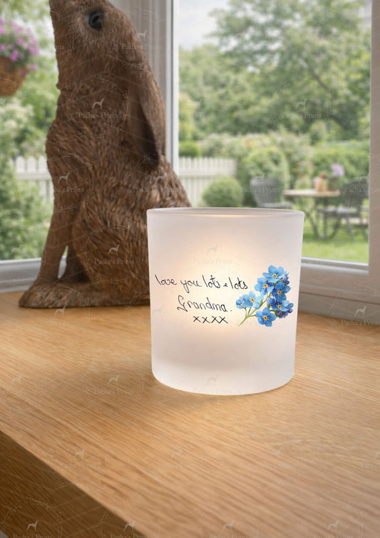 Glass Tealight Holder- Upload your own Handwriting- Forget-me-not
