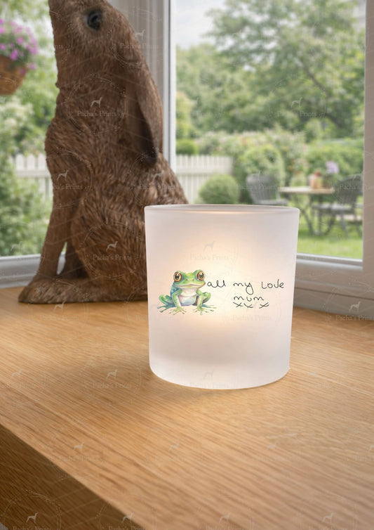 Glass Tealight Holder- Upload your own Handwriting- Frog