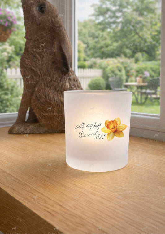Glass Tealight Holder- Upload your own Handwriting- Daffodil