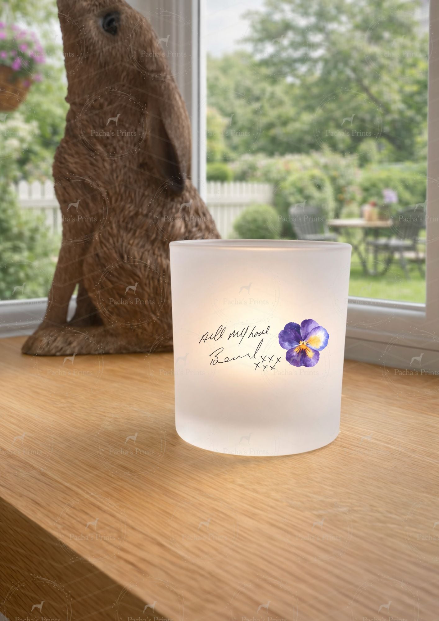 Glass Tealight Holder- Upload your own Handwriting- Pansy