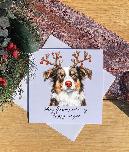 Christmas card- Australian Shepherd Reindeer