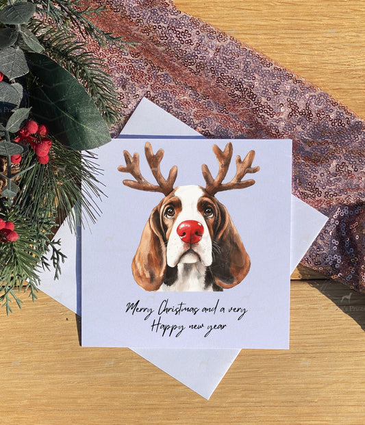 Christmas card- Basset Hound Reindeer