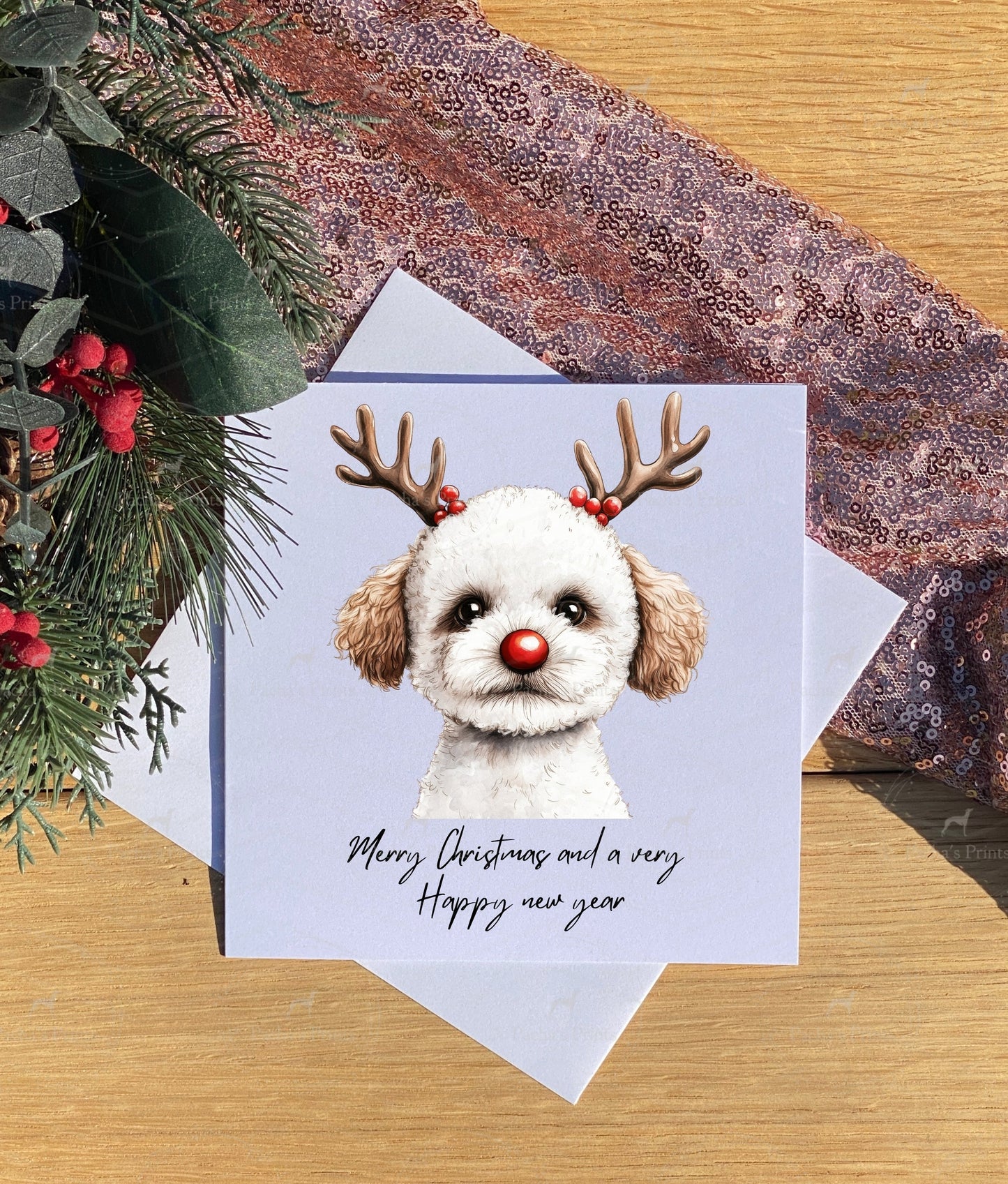 Christmas card- Bichon Frisée Reindeer