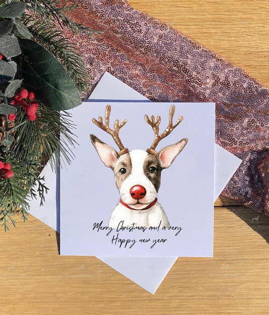 Christmas card- Bull Terrier Reindeer