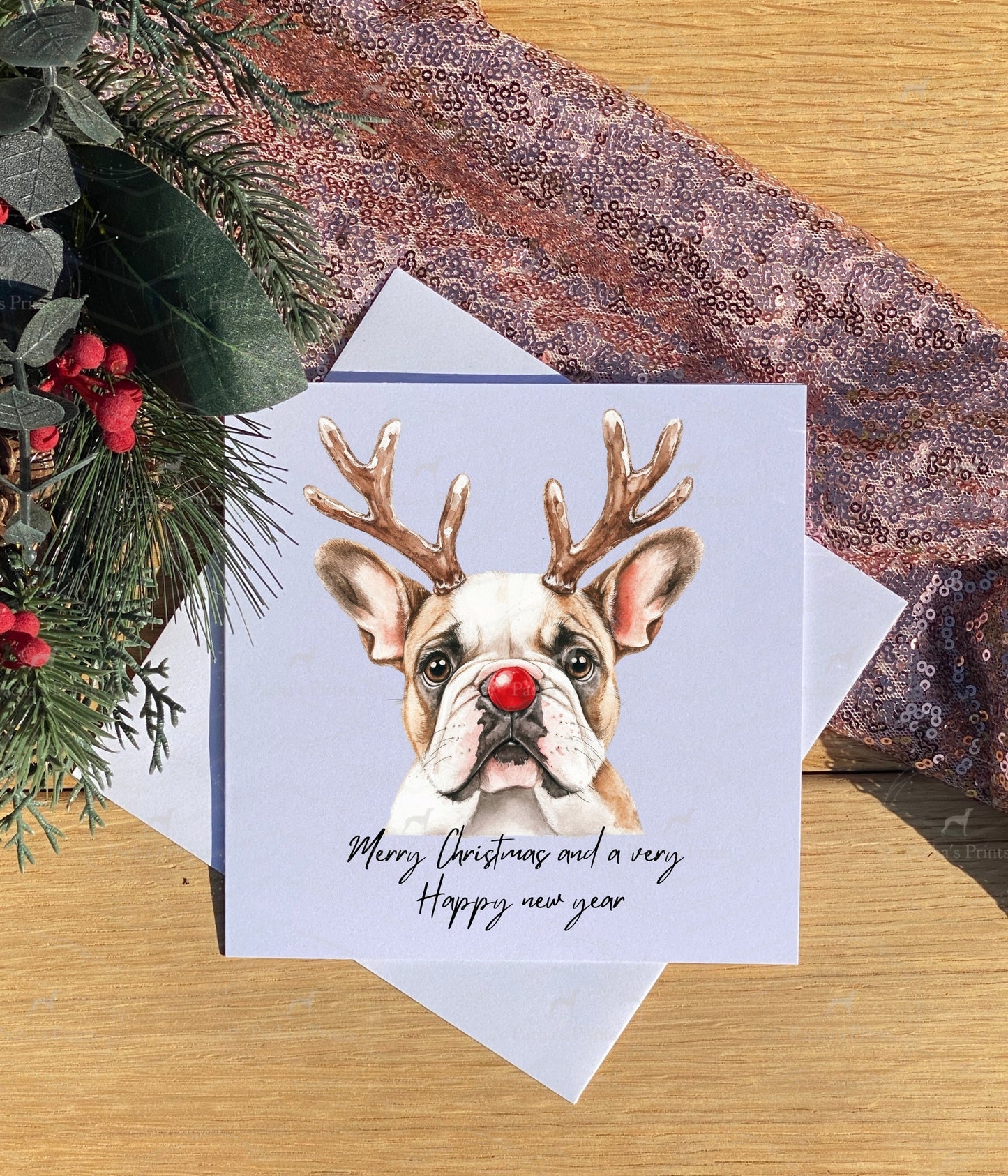 Christmas card- Bull Dog Reindeer