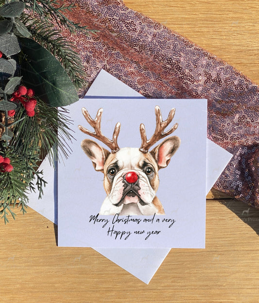 Christmas card- Bull Dog Reindeer