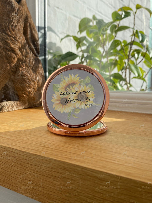 Compact Mirror- Upload your own Handwriting- Sunflowers
