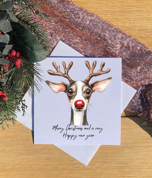 Christmas card- Whippet- Greyhound Reindeer