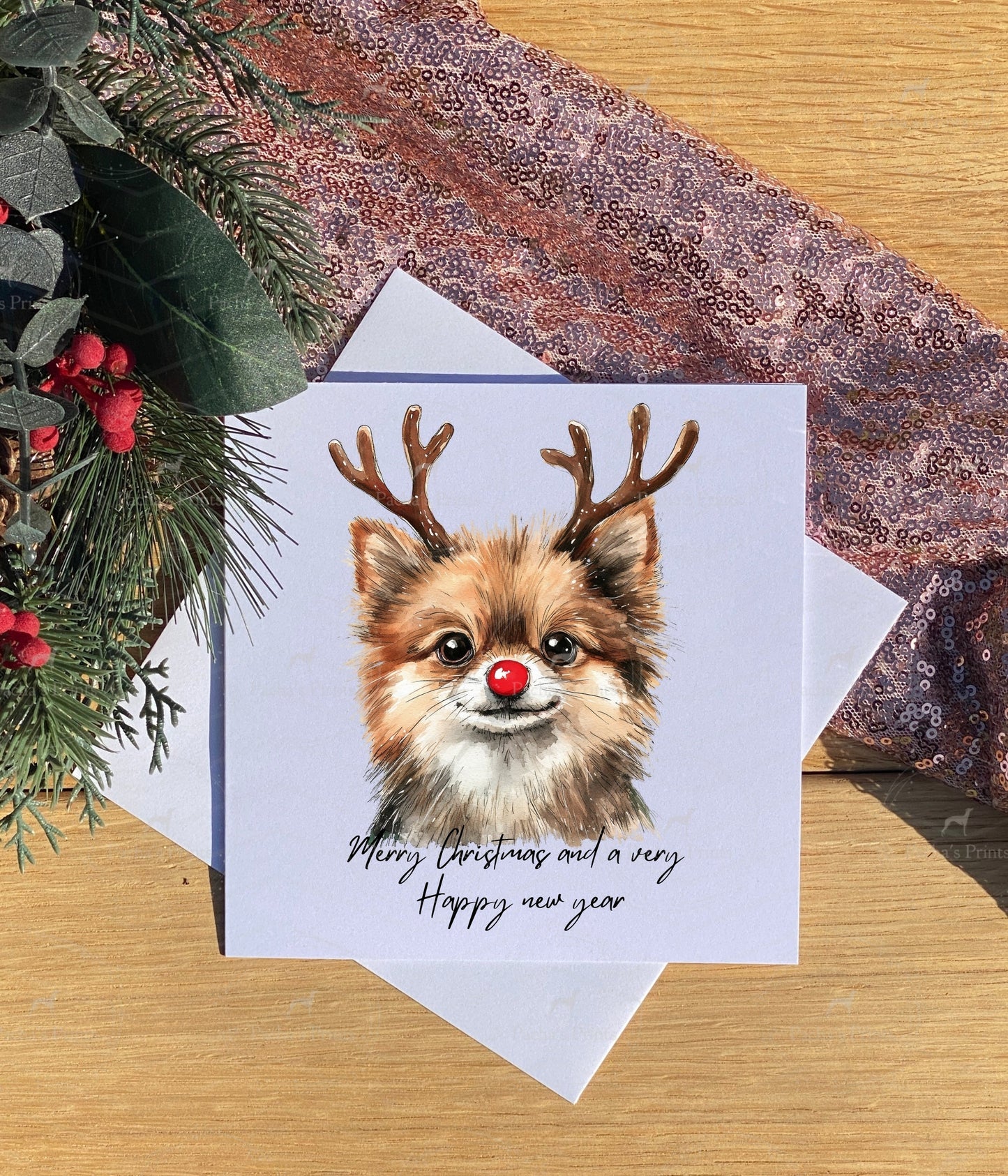 Christmas card- Pomeranian Reindeer