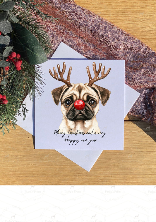 Christmas card- Pug Reindeer