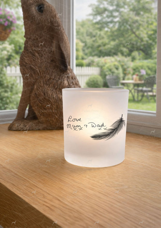 Glass Tealight Holder- Upload your own Handwriting- Feather