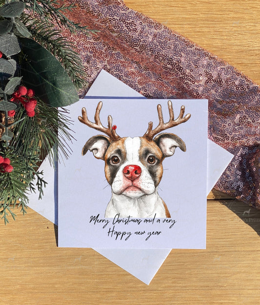 Christmas card- Staffordshire Bull Terrier Reindeer