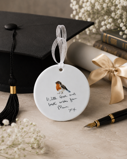 Decorative ornament with a robin design and handwritten text, placed on a surface with a graduation cap, books, and flowers in the background.