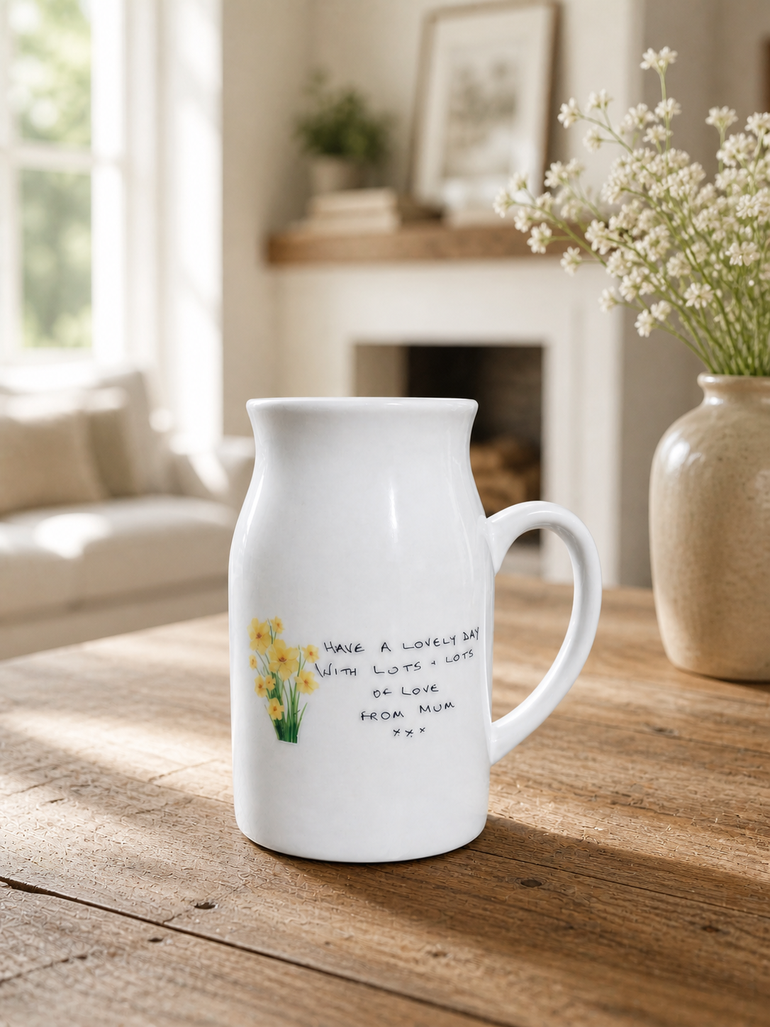 Neutral farmhouse style handwritten vase for cosy interiors