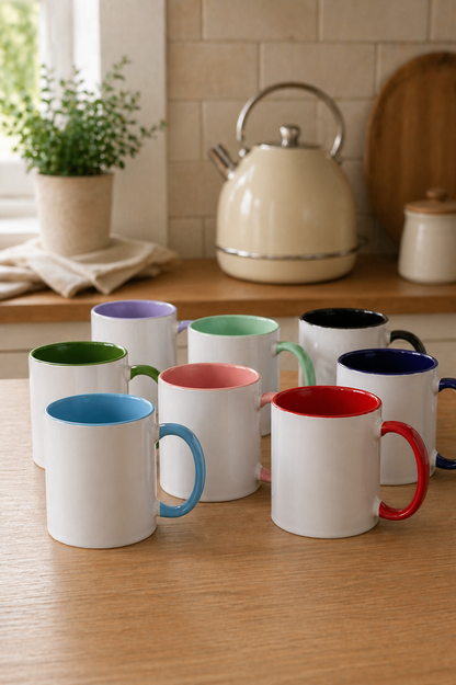 Colorful mugs on a wooden surface with a kitchen background