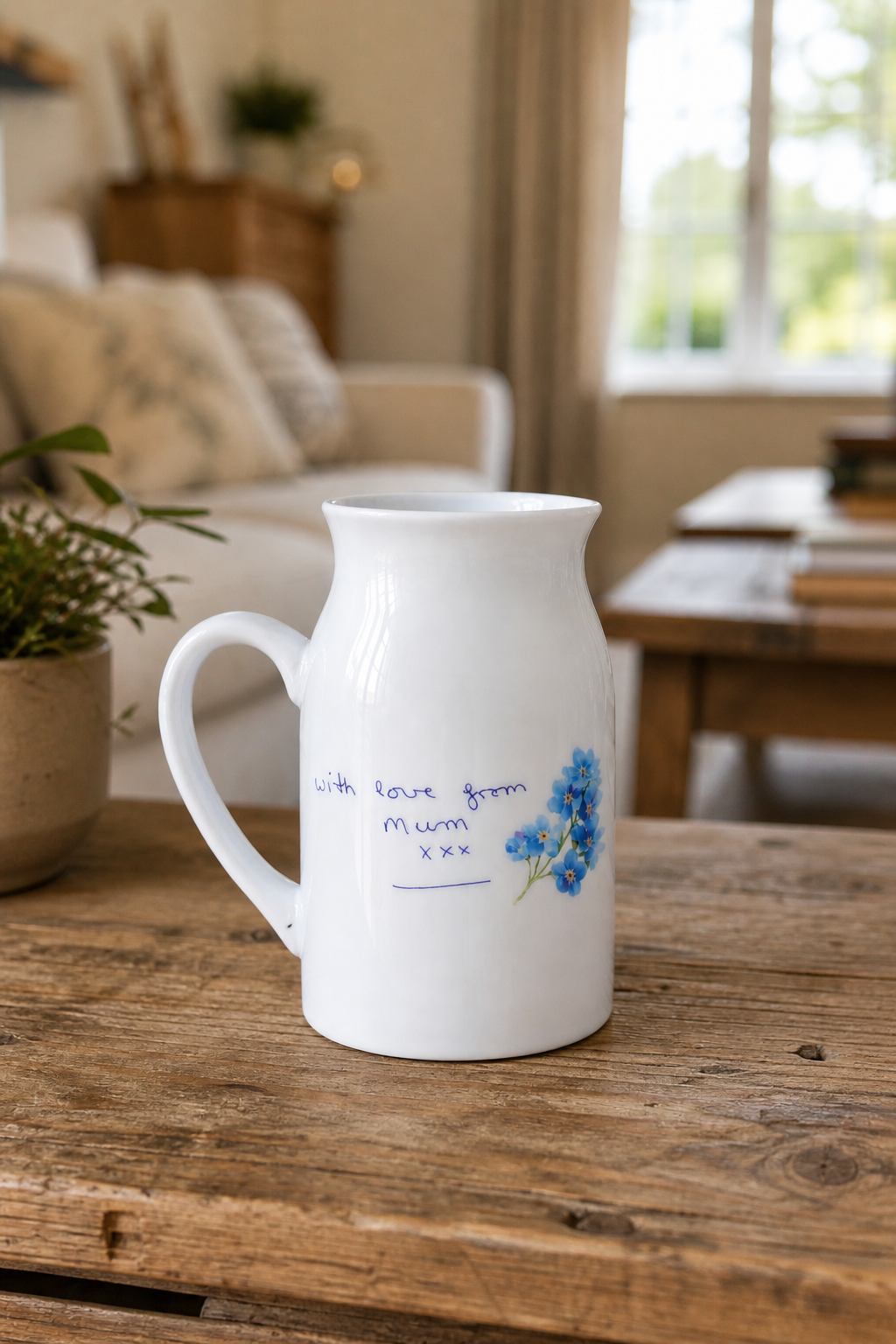 White ceramic pitcher with blue floral forget me not design on a wooden surface in a home setting