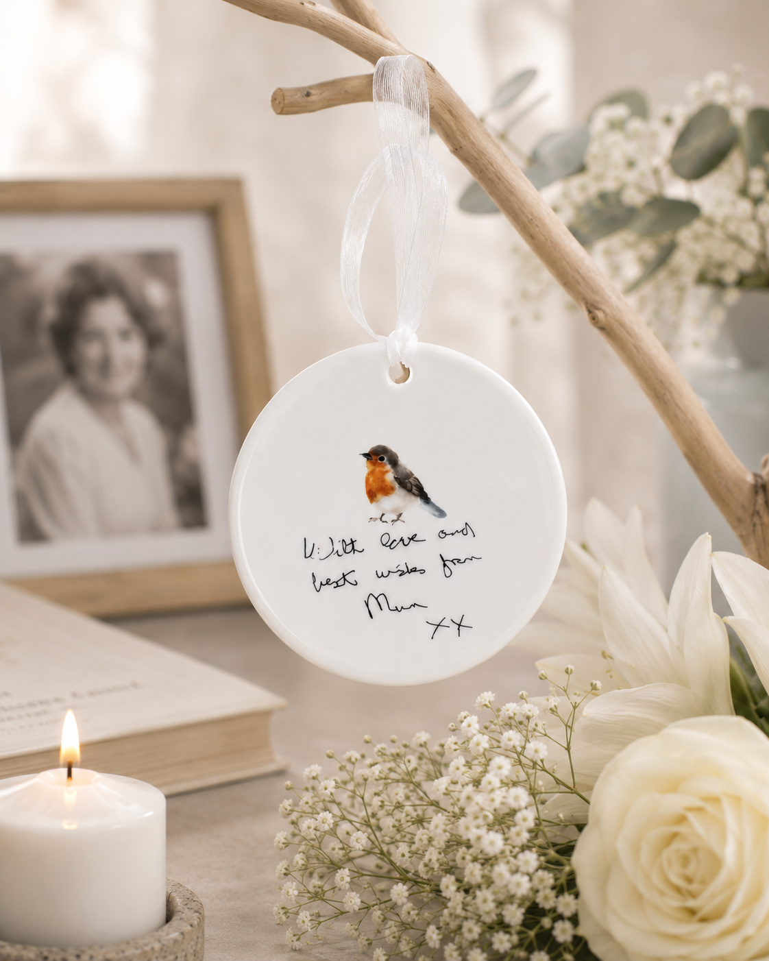Decorative hanging tag with a bird illustration and text, placed on a branch with flowers and a candle.