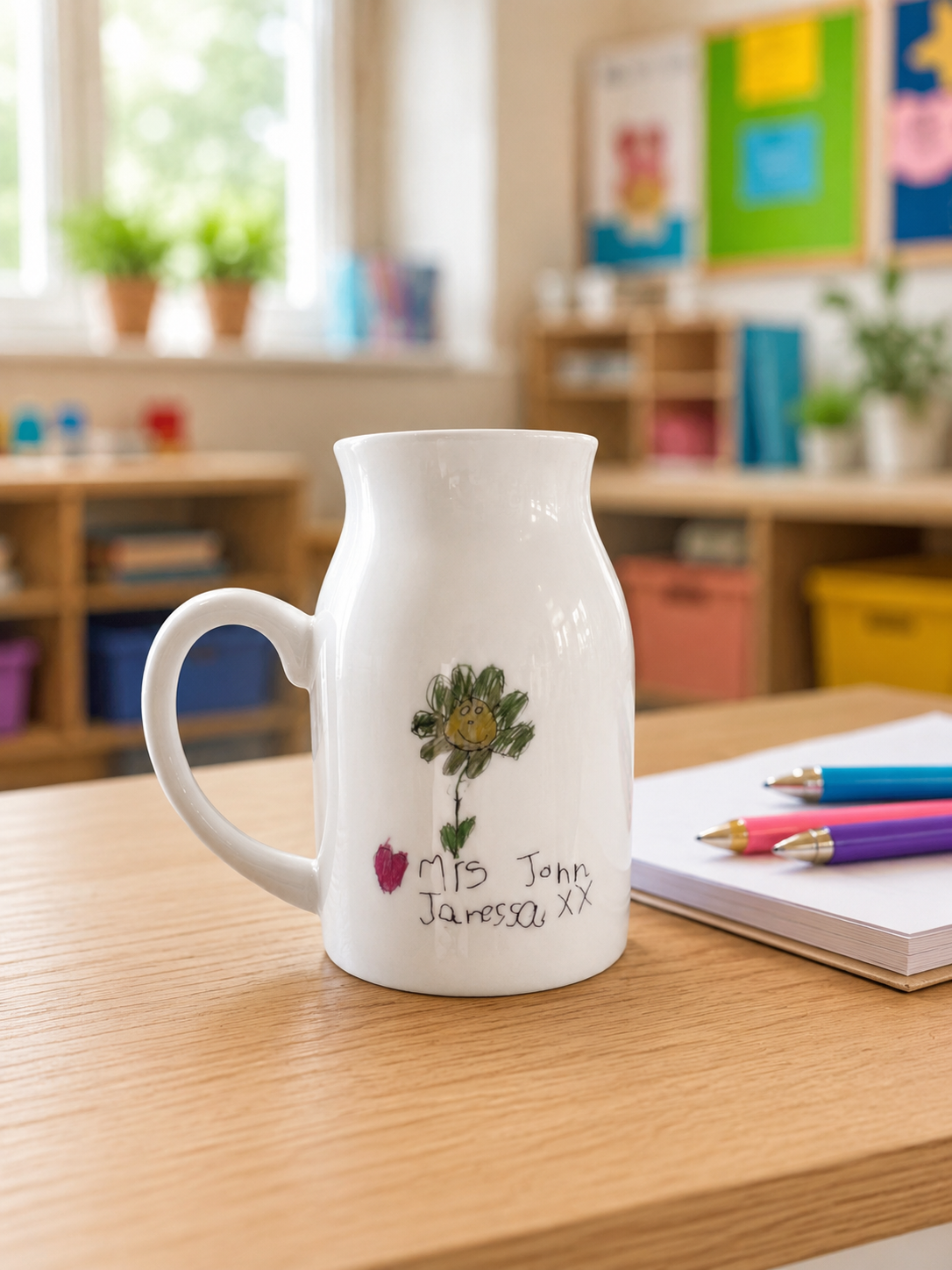 A white ceramic pitcher mug with a green flower illustration and the text 'Mrs John Jamesa XX' on the front, sitting on a wooden desk in a brightly lit classroom with books and colorful items in the background.