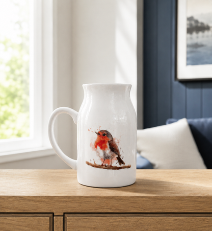 White ceramic pitcher with a robin design on a wooden surface in a room with a window and framed picture.