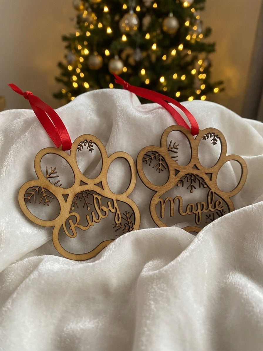 Two personalized wooden paw print Christmas ornaments with red hanging ribbons, displayed on white draped fabric with a blurred Christmas tree in the background.