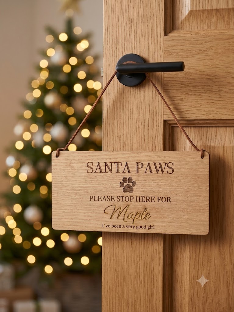 A personalized wooden hanging sign engraved with 'SANTA PAWS PLEASE STOP HERE FOR Maple I've been a very good girl' and a paw print, hanging from a black door handle on a light wood door with a blurred Christmas tree in the background.