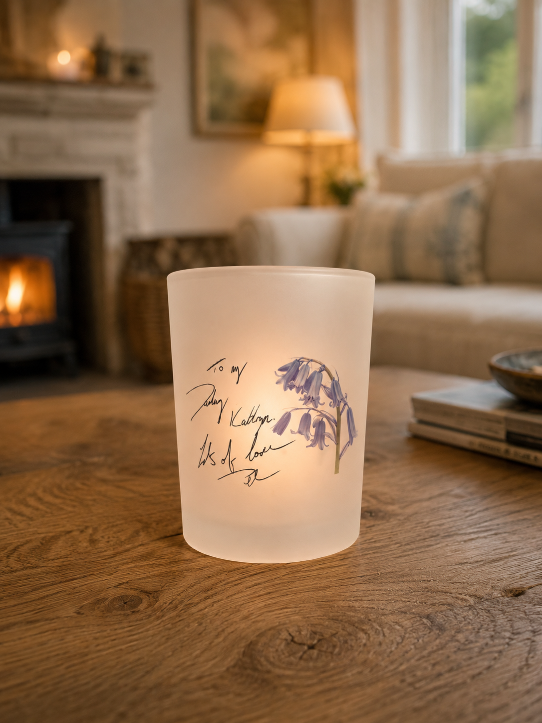 Frosted candle holder with floral design and text on a wooden table in a cozy living room.