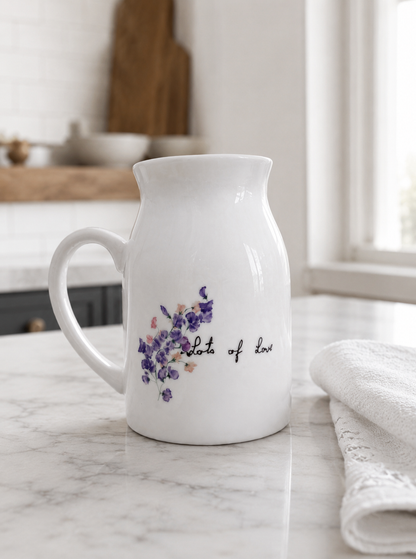 White ceramic pitcher with floral design and text on a marble countertop