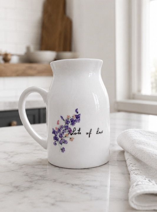 White ceramic pitcher with floral design and text on a marble countertop