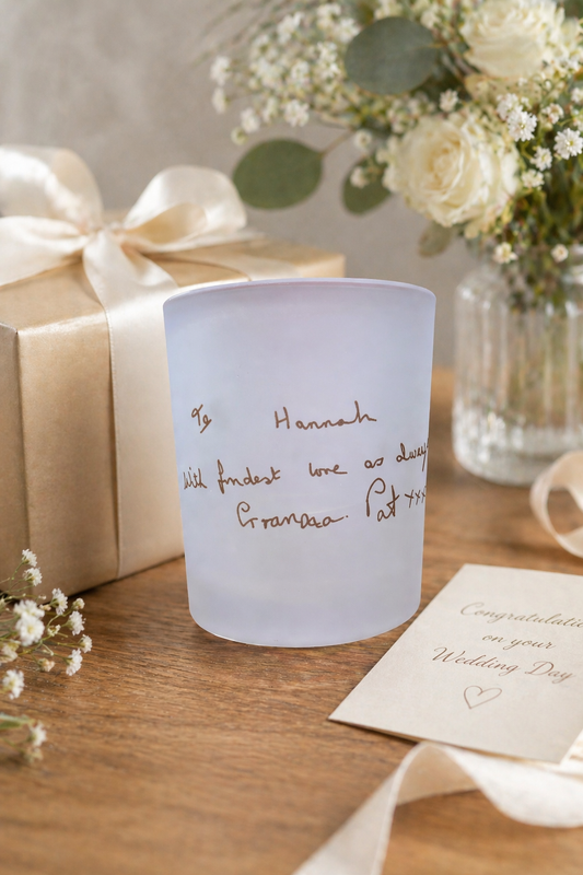 Frosted glass with personalized text on a wooden table with flowers and gift box.