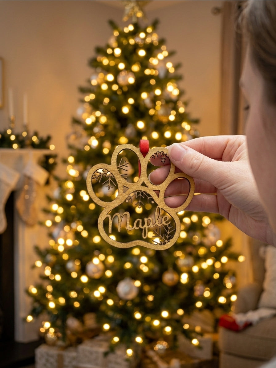 A hand holds a personalized wooden paw print Christmas ornament with the name 'Maple' in the center, set against a warm, blurred background of a lit Christmas tree.