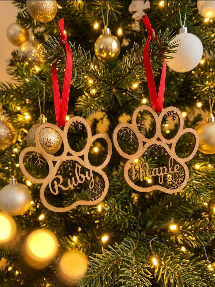 Two personalized wooden paw print Christmas ornaments hanging on a decorated Christmas tree. One ornament is labeled 'Ruby' and the other 'Maple', both in cursive script inside a paw print outline, with red ribbons for hanging.
