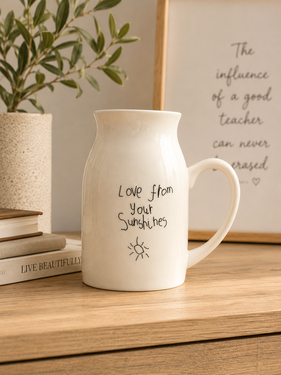 White ceramic mug with 'Love from your Sunnies' text on a wooden surface with books and a plant in the background.