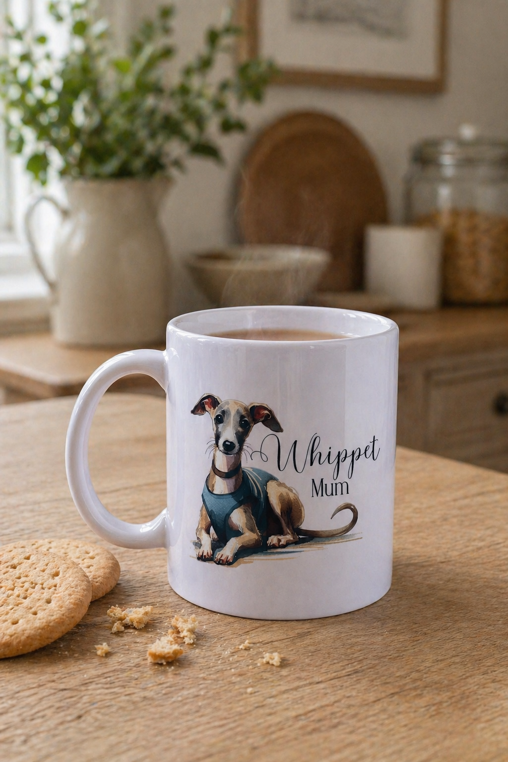 White mug with a dog illustration and 'Whippet Mum' text on a wooden table.