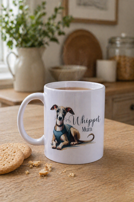 White mug with a dog illustration and 'Whippet Mum' text on a wooden table.