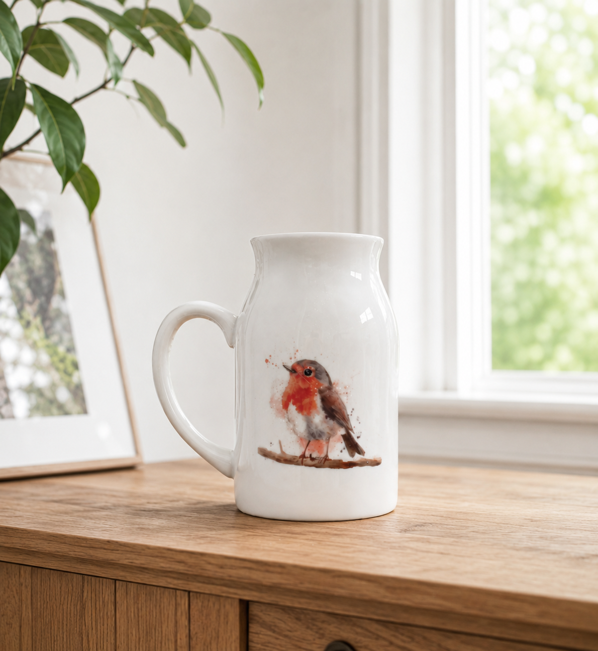 White ceramic mug with a robin design on a wooden surface near a window.
