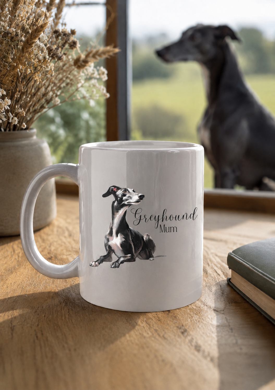 White mug with a greyhound illustration and 'Greyhound Mum' text on a wooden surface, with a dog in the background.
