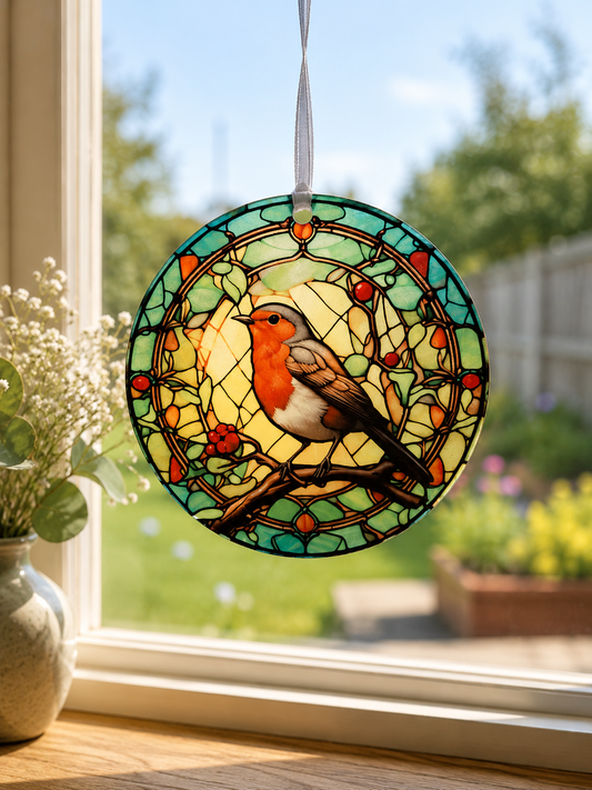 Stained glass window hanging with a bird design on a windowsill.