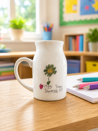 A white ceramic milk-pail-shaped mug with a painted green flower and the names 'Mrs John James XX' in black script, sitting on a wooden desk in a brightly lit classroom.