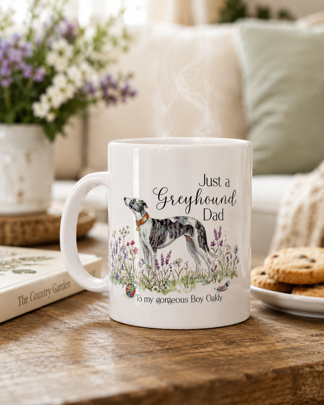 Mug with a dog illustration and text on a wooden table with a cozy background