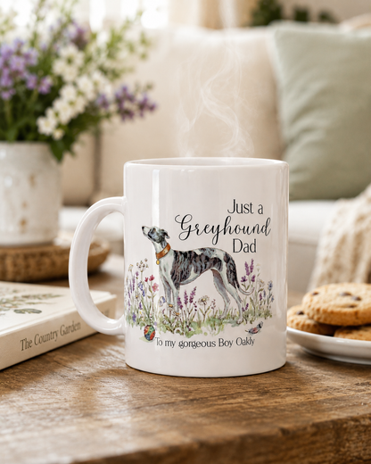 Mug with a dog illustration and text on a wooden table with a cozy background